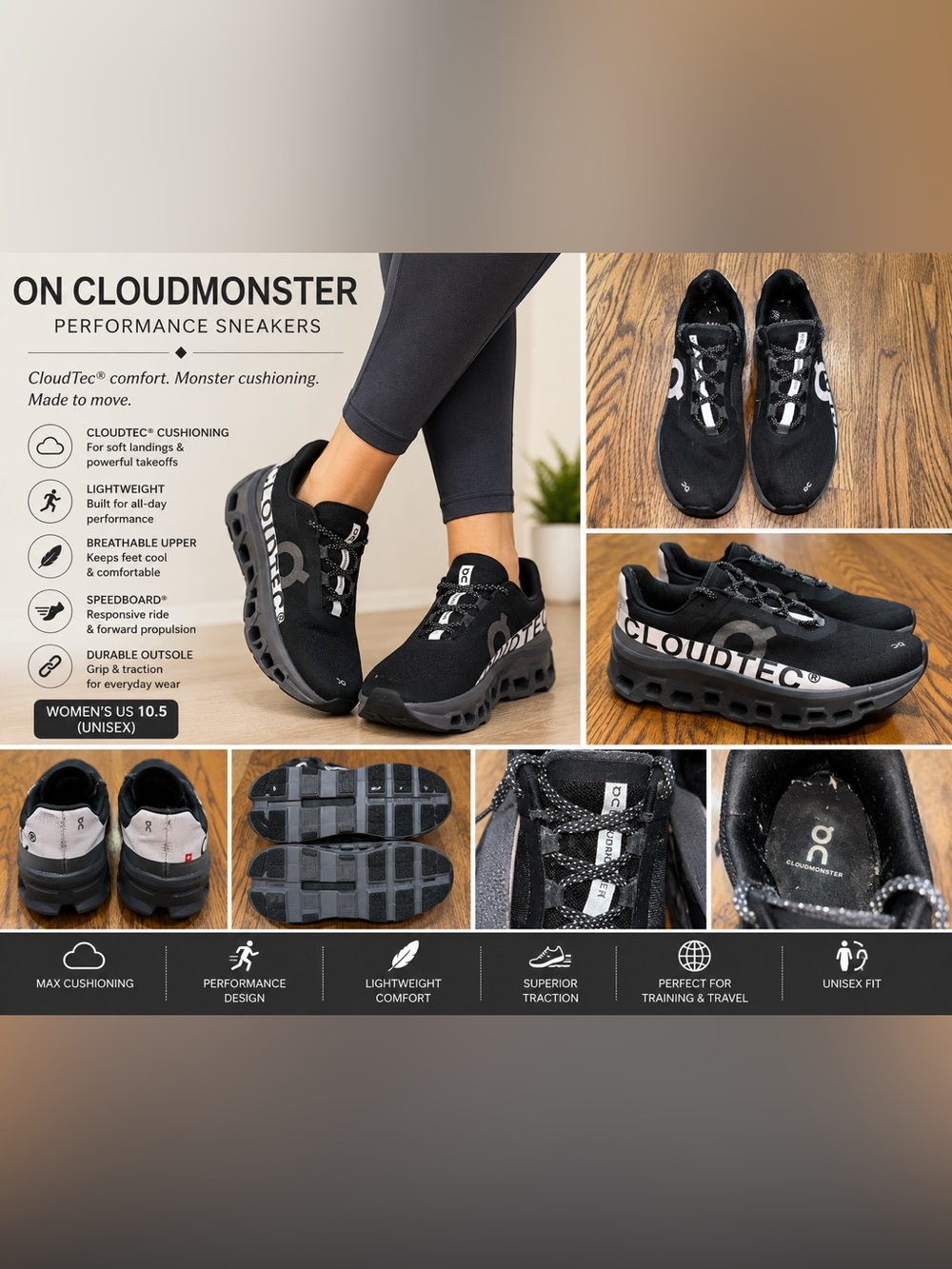 On Cloudmonster Running Shoes Black/White Women’s 10.5 Athletic Sneakers Unisex